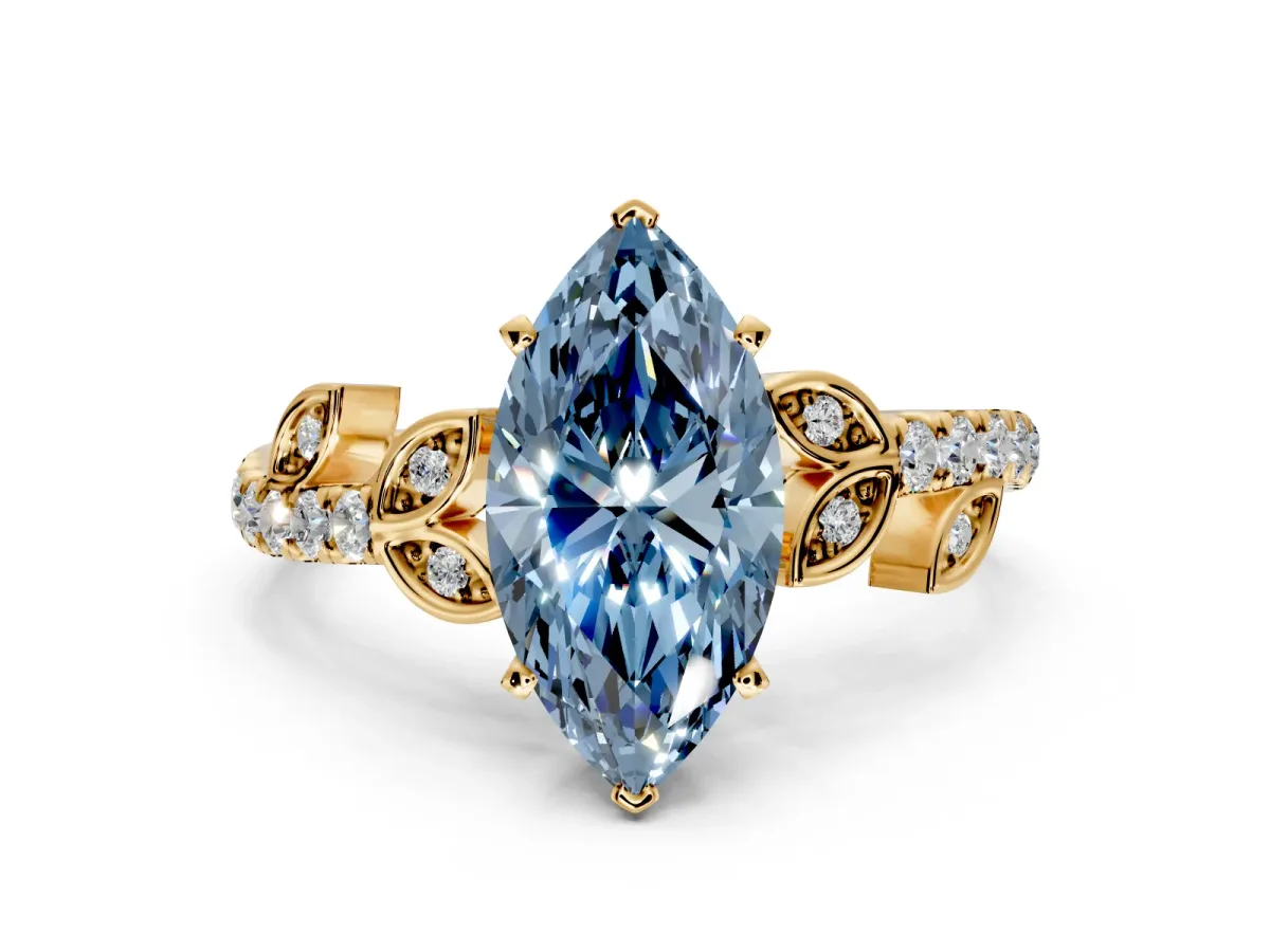 Leaf Motif Engagement Ring Setting for Fancy Blue Marquise Center with Pave Band and Prong Head in Yellow Gold