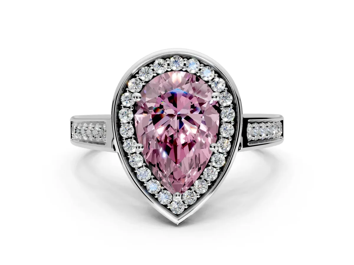 Halo Engagement Ring Setting for Fancy Pink Pear-Shaped Center with Outer Bezel Rim, Pave Band and Prong Head in Platinum