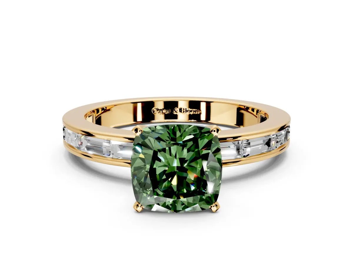 Solitaire Engagement Ring Setting for Fancy Green Cushion Cut Center with Channel Baguette Band and Prong Head in Yellow Gold