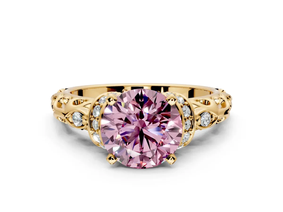 Solitaire Engagement Ring Setting for Fancy Pink Round Cut Center with Filigree Band and Prong Head in Yellow Gold