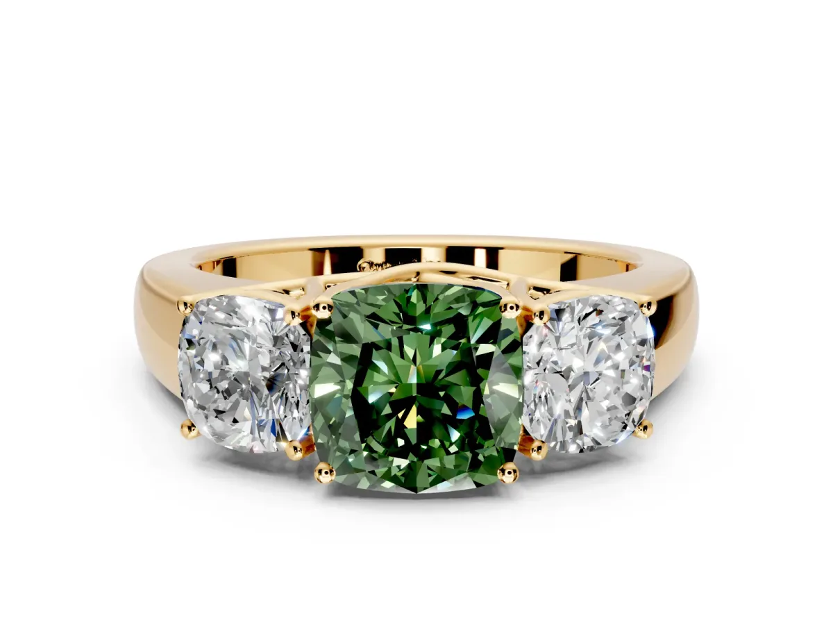 3 Stone Engagement Ring Setting for Fancy Green Cushion Cut Center with Raised Basket Heads and Prong Head in Yellow Gold