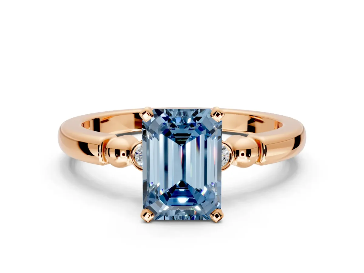 Solitaire Engagement Ring Setting for Fancy Blue Emerald Cut Center with Beaded Shoulders and Prong Head in Rose Gold