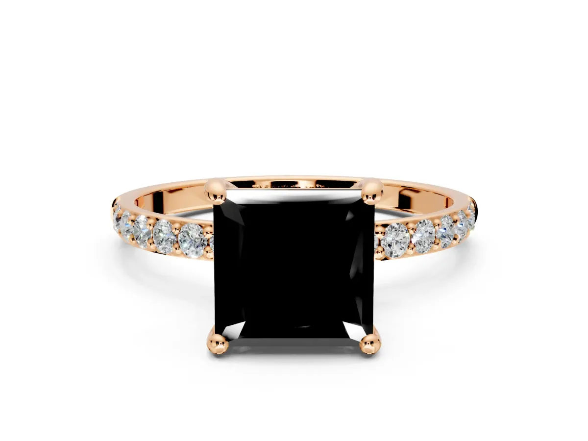 Solitaire Engagement Ring Setting for Fancy Black Princess Cut Center with Pave Accents and Prong Head in Rose Gold