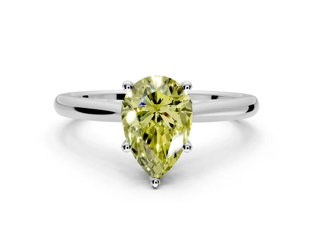 Solitaire Engagement Ring Setting for Fancy Yellow Pear-Shaped Center with Narrow Cathedral Band and Prong Head in White Gold