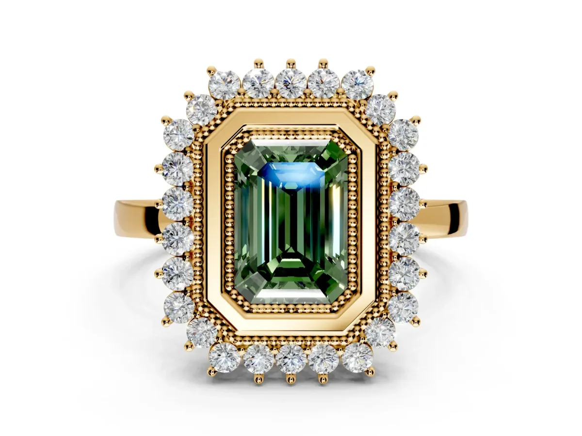 Halo Engagement Ring Setting for Fancy Green Emerald Cut Center with Milgrain Bezel Rim, Plain Band and Prong Head in Yellow Gold