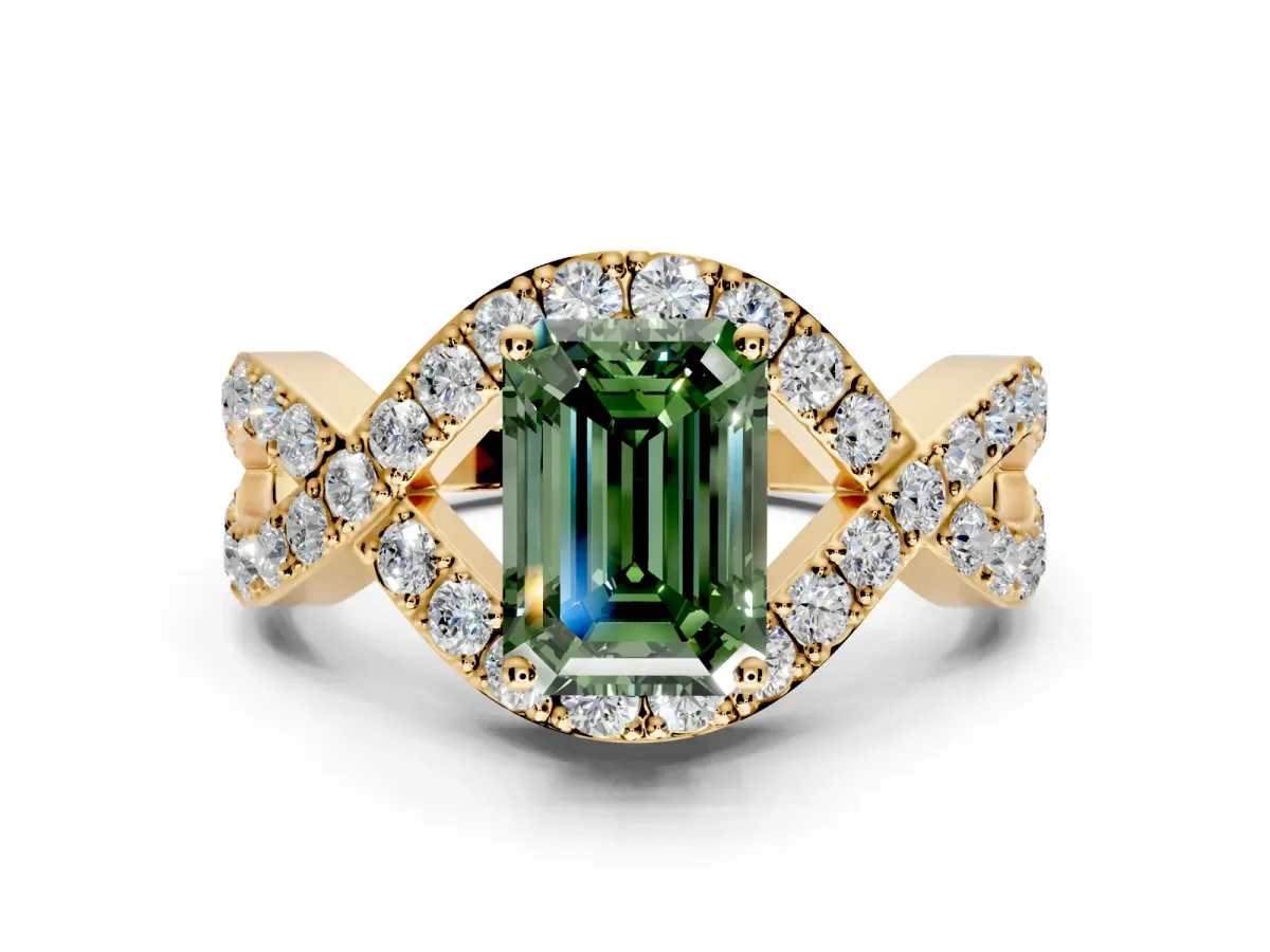 Halo Engagement Ring Setting for Fancy Green Emerald Cut Center with Pave Infinity Twist Band and Prong Head in Yellow Gold