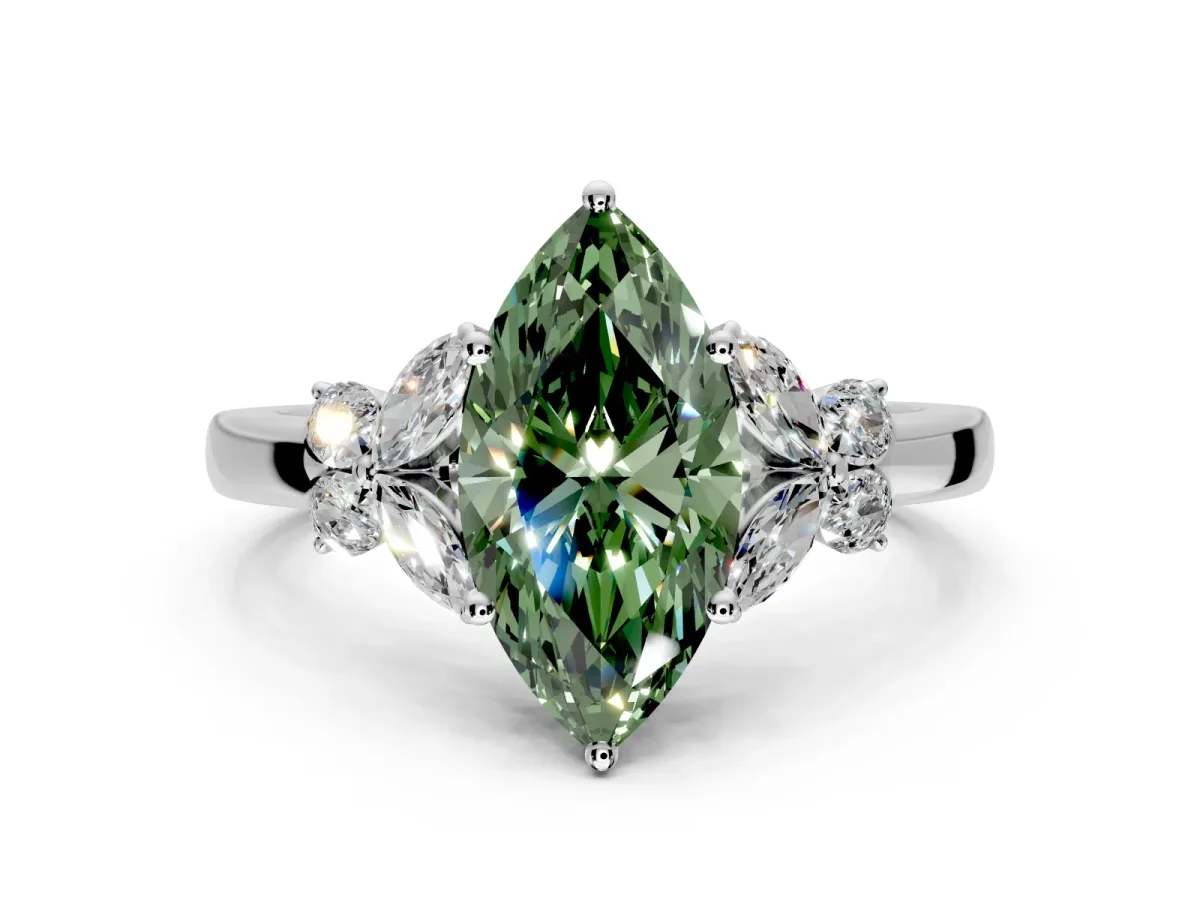 Solitaire Engagement Ring Setting for Fancy Green Marquise Center with Marquise Flower Shoulders and Prong Head in Platinum