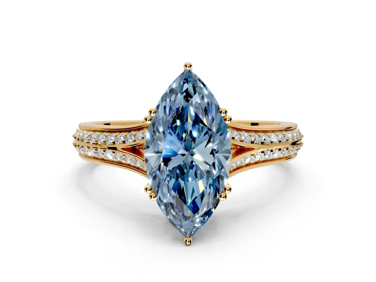 Solitaire Engagement Ring Setting for Fancy Blue Marquise Center with Pave Rail Split Shank and Prong Head in Yellow Gold