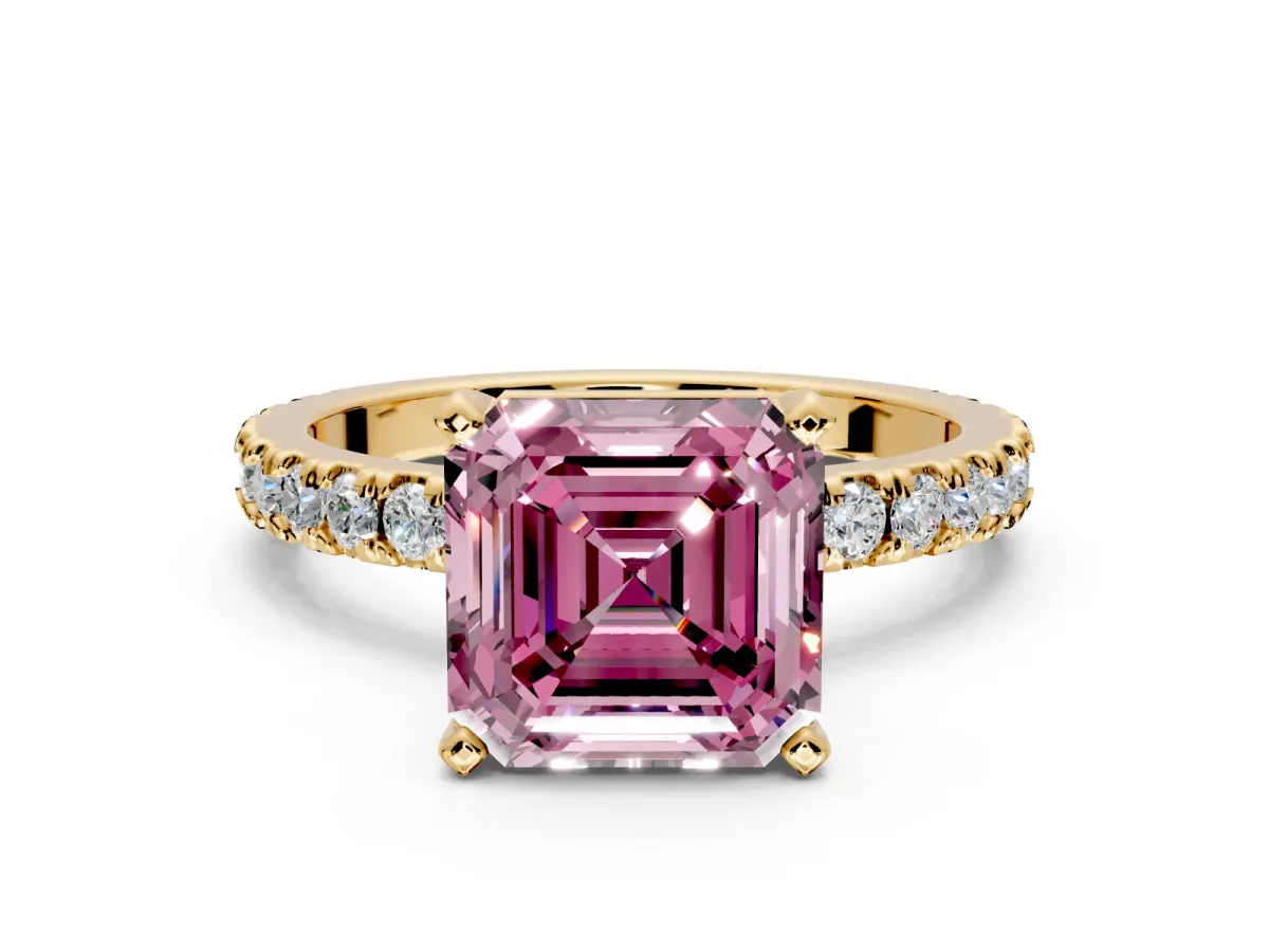 Solitaire Engagement Ring Setting for Fancy Pink Asscher Cut Center with Fine Pave Band and Claw Prong Head in Yellow Gold