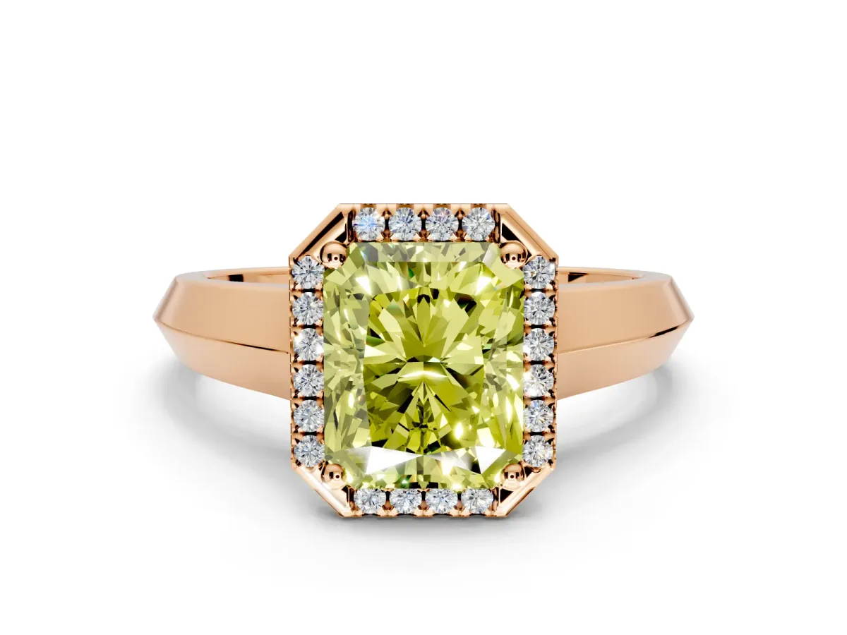 Halo Engagement Ring Setting for Fancy Yellow Radiant Cut Center with Knife Ridge Cathedral Band and Prong Head in Rose Gold
