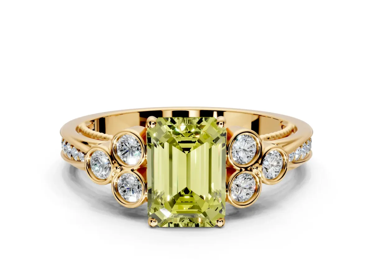 Cluster Engagement Ring Setting for Fancy Yellow Emerald Cut Center with Bezel Accent Clusters and Prong Head in Yellow Gold