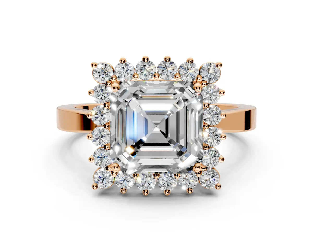 Starburst Halo Engagement Ring Setting for Asscher Cut Center with Flat Cathedral Band and Prong Head in Rose Gold