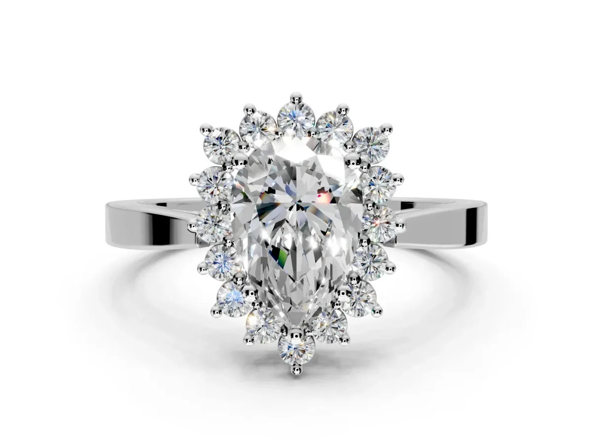Starburst Halo Engagement Ring Setting for Pear-Shaped Center with Flat Cathedral Band and Prong Head in Platinum