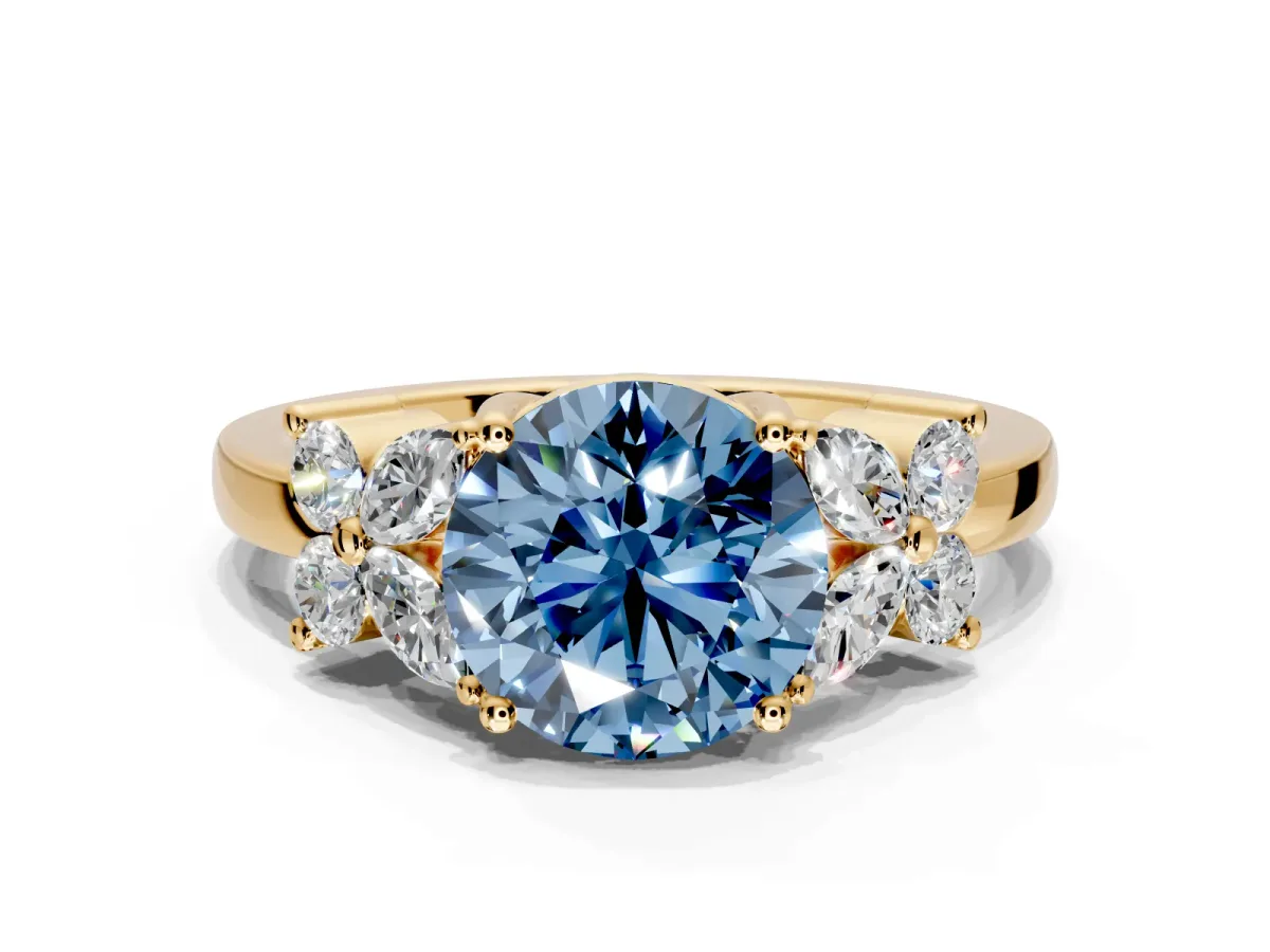 Floral Engagement Ring Setting for Fancy Blue Round Cut Center with Marquise Cluster Shoulders and Prong Head in Yellow Gold