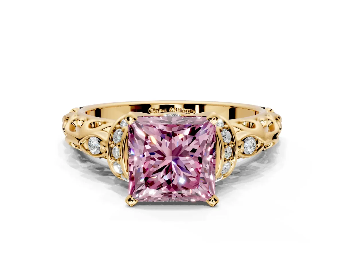 Solitaire Engagement Ring Setting for Fancy Pink Princess Cut Center with Filigree Band and Prong Head in Yellow Gold