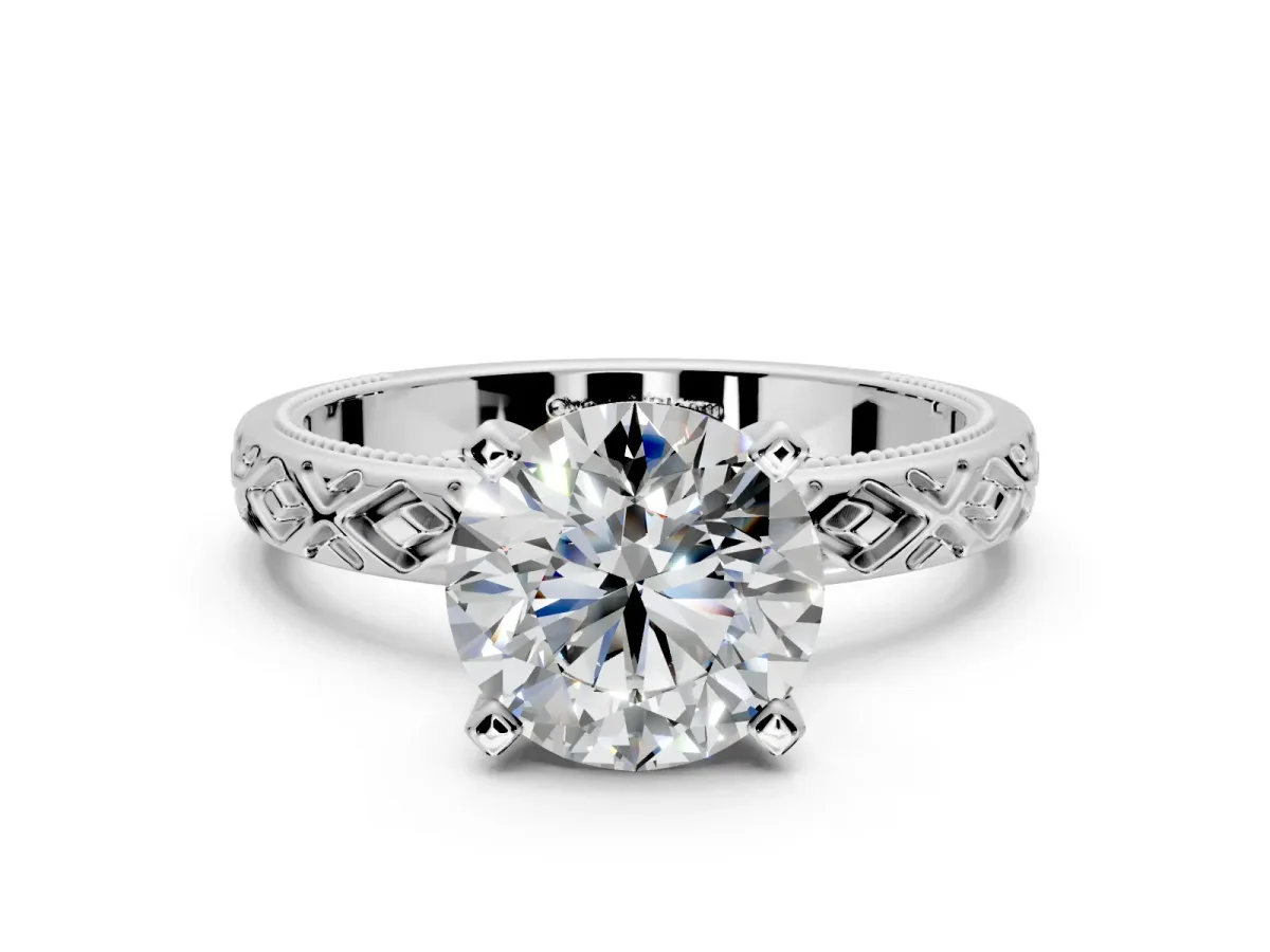 Solitaire Engagement Ring Setting for Round Cut Center with Milgrain X Pattern Band and Prong Head in Sterling Silver