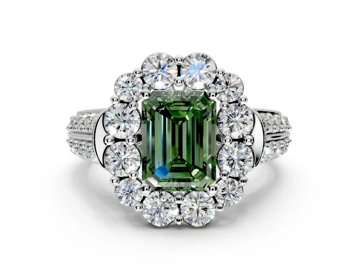 Large Accent Halo Engagement Ring Setting for Fancy Green Emerald Cut Center with Pave Split Shank and Prong Head in Platinum