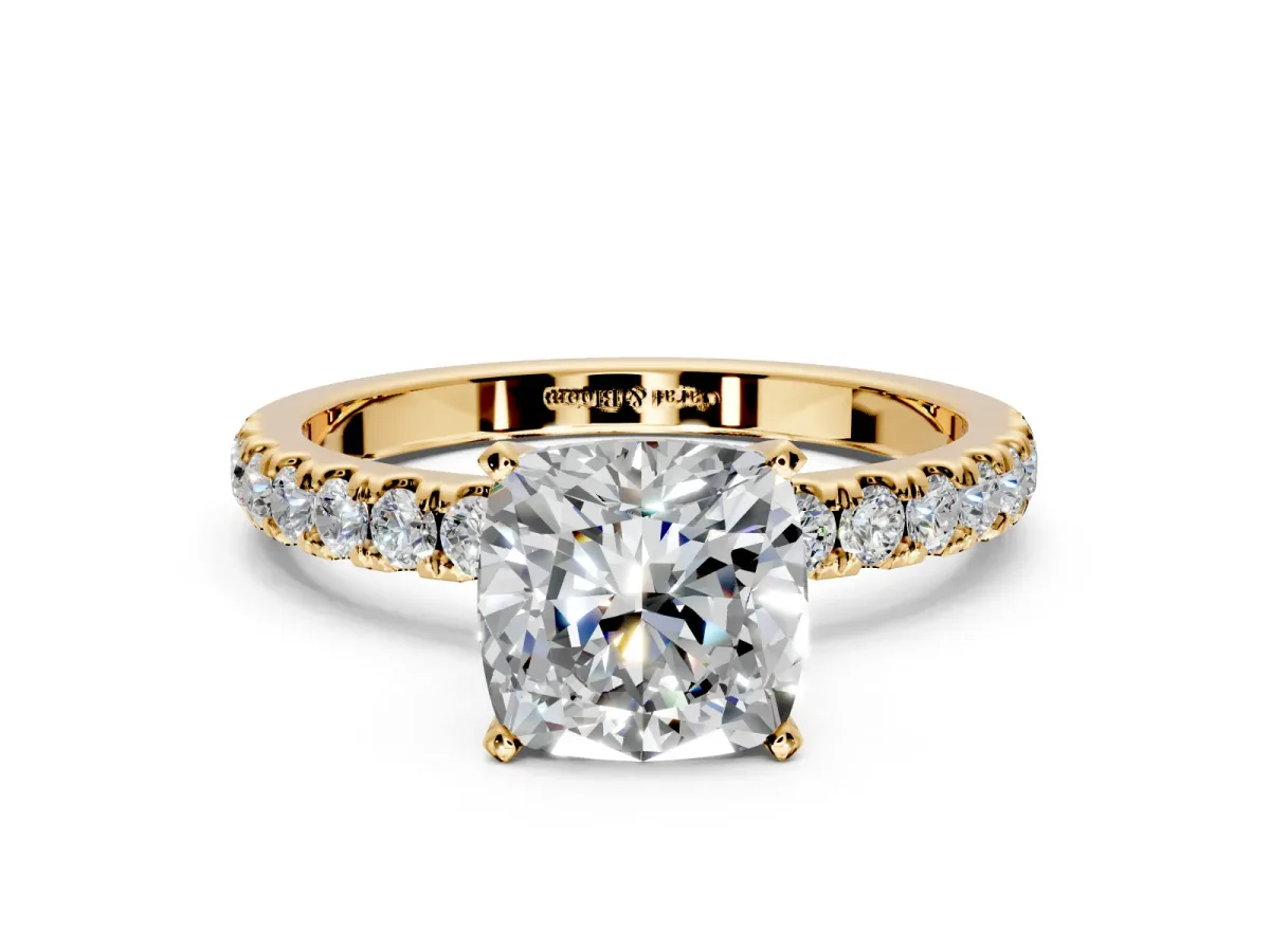 Open Basket Engagement Ring Setting for Cushion Cut Center with Pave Band and Prong Head in Yellow Gold