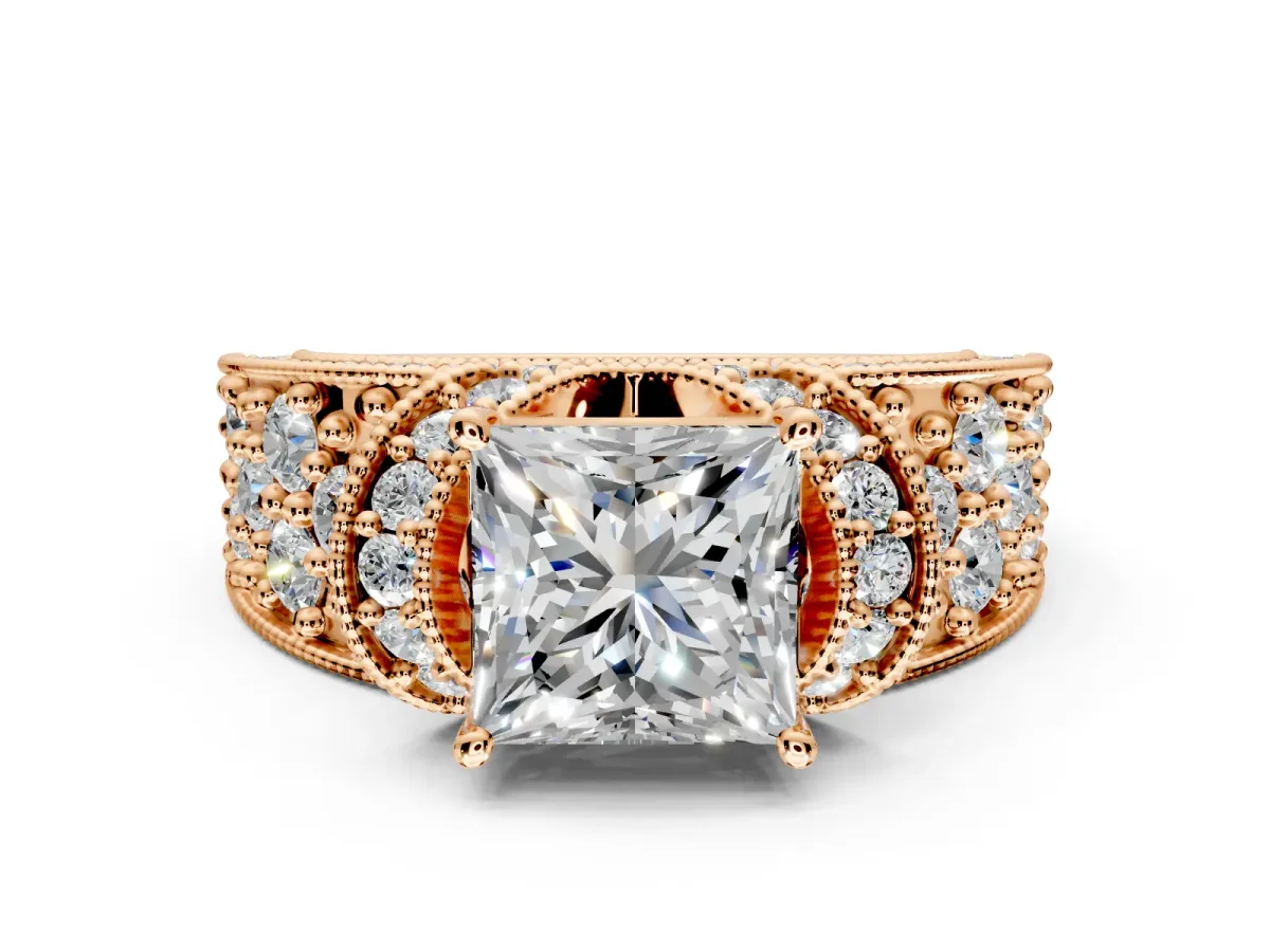 Pave Engagement Ring Setting for Princess Cut Center with Curved Accent Rows, Openwork and Prong Head in Rose Gold