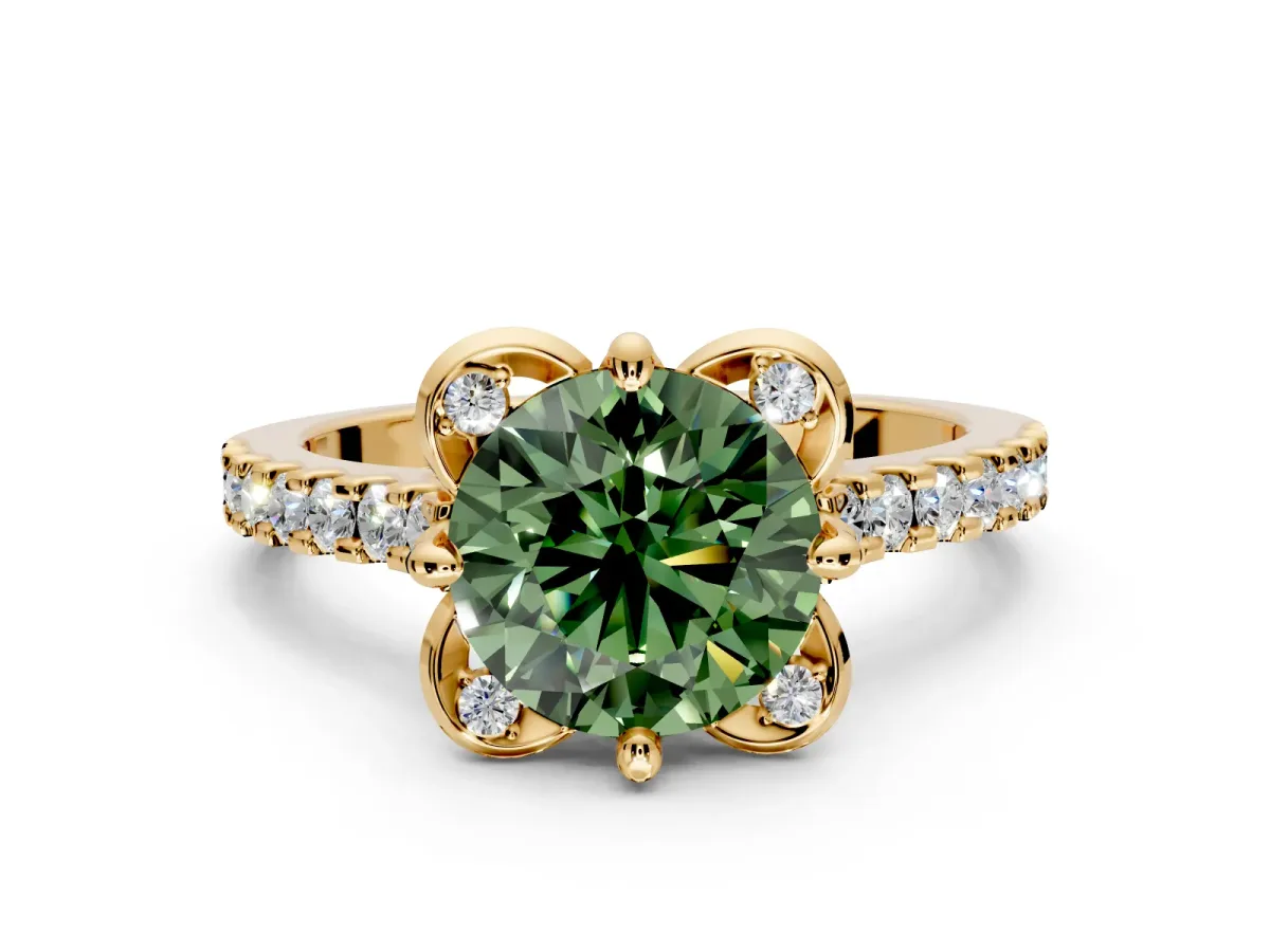 Floral Engagement Ring Setting for Fancy Green Round Cut Center with Pave Band and Floral Prong Head in Yellow Gold