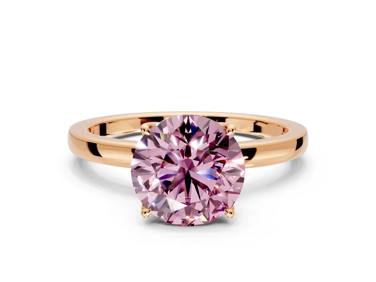 Solitaire Engagement Ring Setting for Fancy Pink Round Cut Center with Thin Rounded Plain Band and Prong Head in Rose Gold