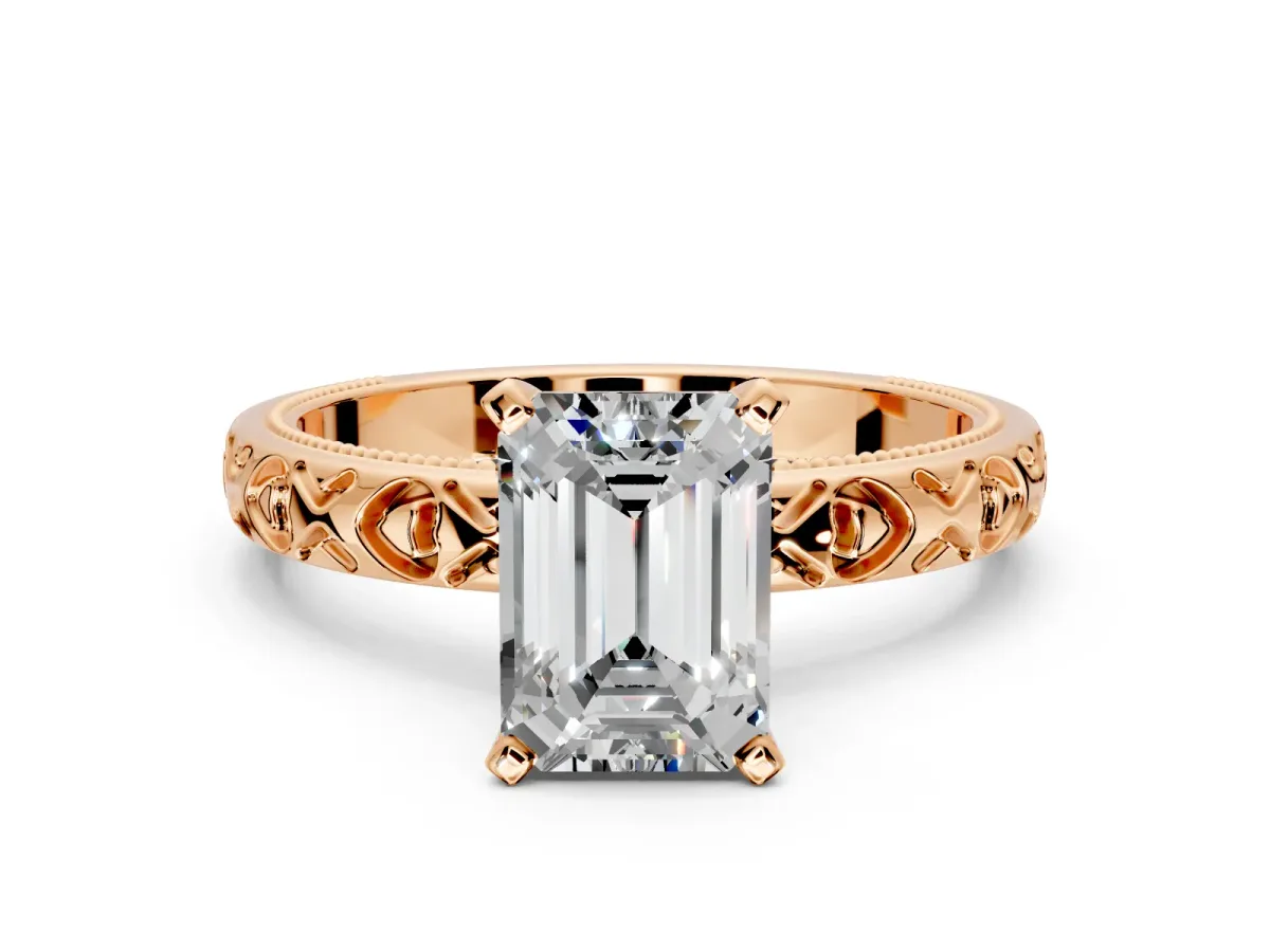 Solitaire Engagement Ring Setting for Emerald Cut Center with XO Engraved Band and Prong Head in Rose Gold