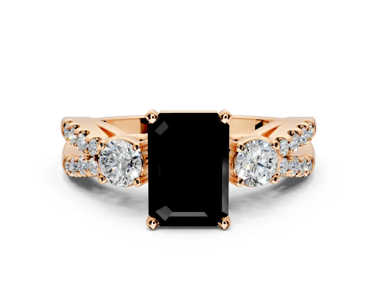 3 Stone Engagement Ring Setting for Fancy Black Emerald Cut Center with Pave Split Shank and Prong Head in Rose Gold