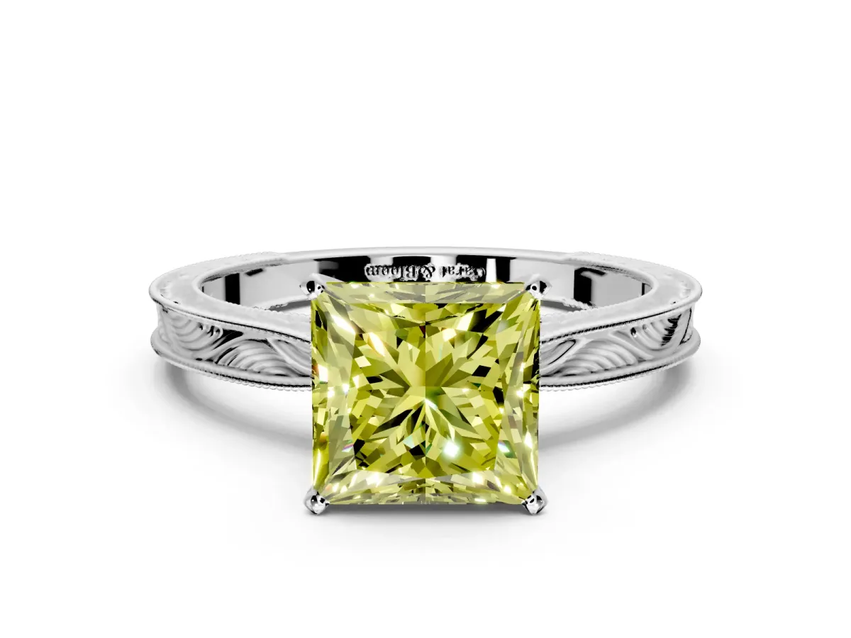 Solitaire Engagement Ring Setting for Fancy Yellow Princess Cut Center with Engraved Milgrain Band and Prong Head in Sterling Silver