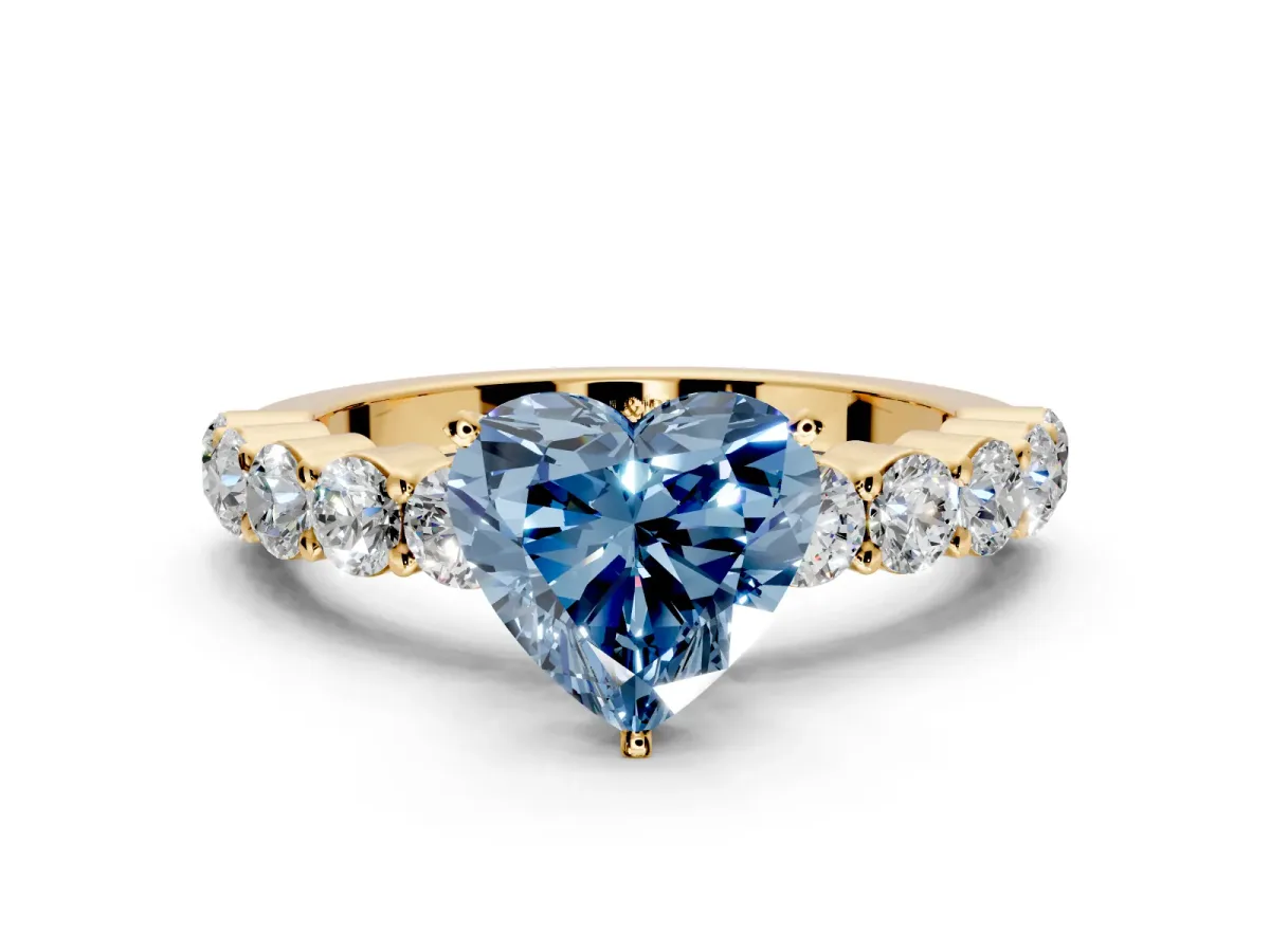 Shared-Prong Engagement Ring Setting for Fancy Blue Heart-Shaped Center with Graduated Accents and Prong Head in Yellow Gold