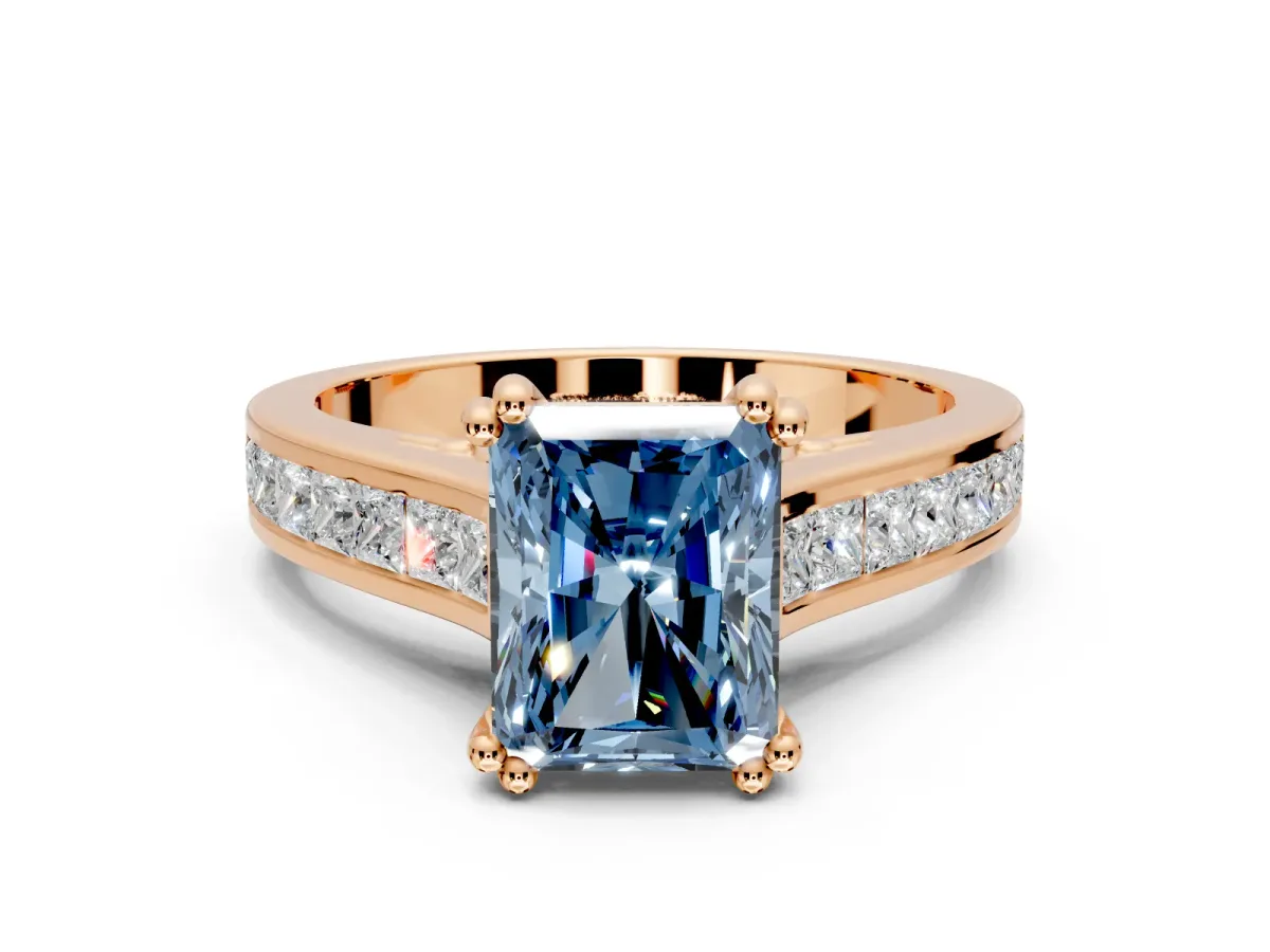 Solitaire Engagement Ring Setting for Fancy Blue Radiant Cut Center with Channel Band and Double Claw Prong Head in Rose Gold