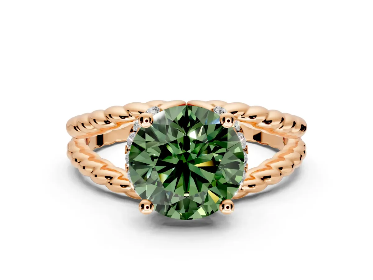 Halo Engagement Ring Setting for Fancy Green Round Cut Center with Rope Twist Split Shank and Prong Head in Rose Gold