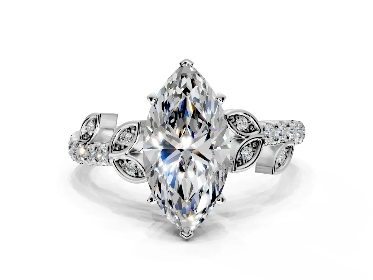 Leaf Motif Engagement Ring Setting for Marquise Center with Pave Band and Prong Head in Sterling Silver