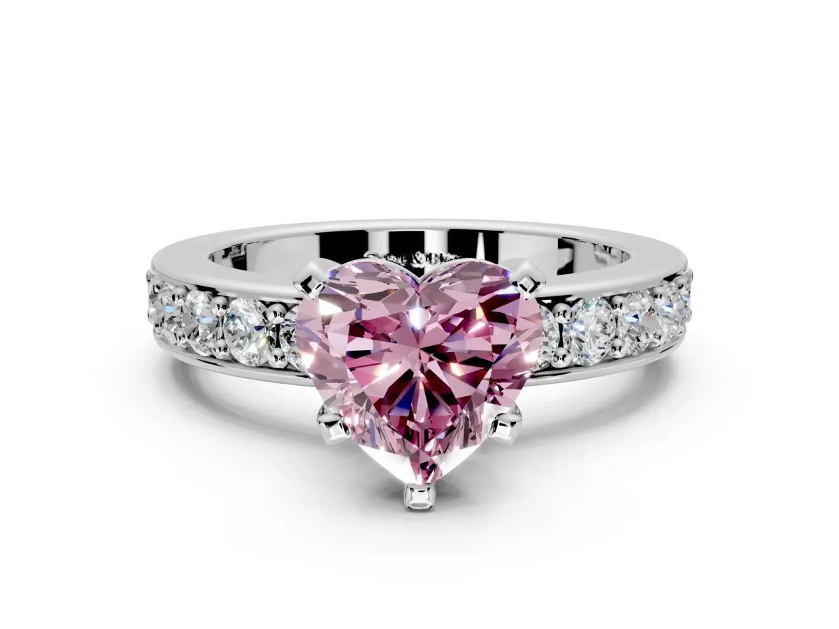 Solitaire Engagement Ring Setting for Fancy Pink Heart-Shaped Center with Channel-Set Accents and Prong Head in Platinum