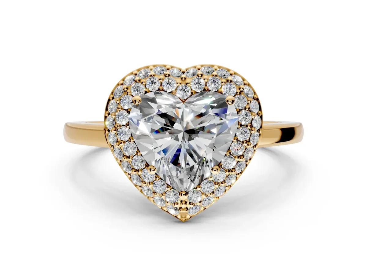Halo Engagement Ring Setting for Heart-Shaped Center with Plain Tapered Band and Prong Head in Yellow Gold
