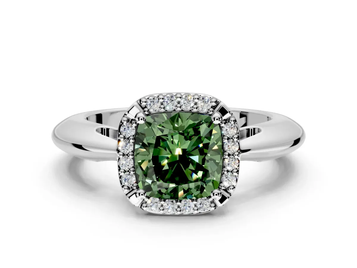 Halo Engagement Ring Setting for Fancy Green Cushion Cut Center with Tapered Plain Band and Prong Head in White Gold