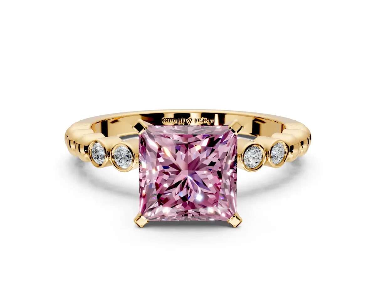 Solitaire Engagement Ring Setting for Fancy Pink Princess Cut Center with Bezel-Dot Beaded Band and Prong Head in Yellow Gold
