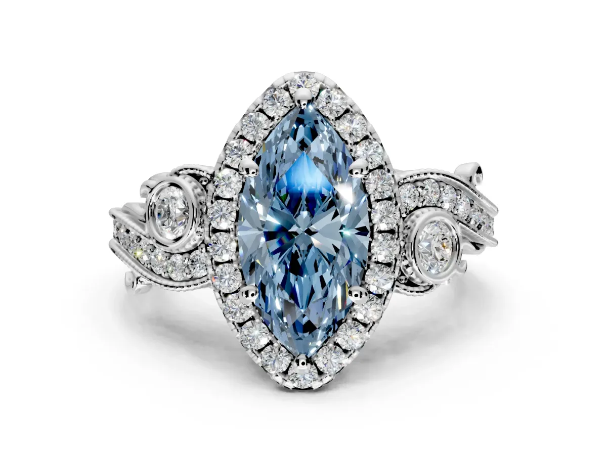 Milgrain Halo Engagement Ring Setting for Fancy Blue Marquise Center with Shoulder Bezels and Prong Head in Platinum