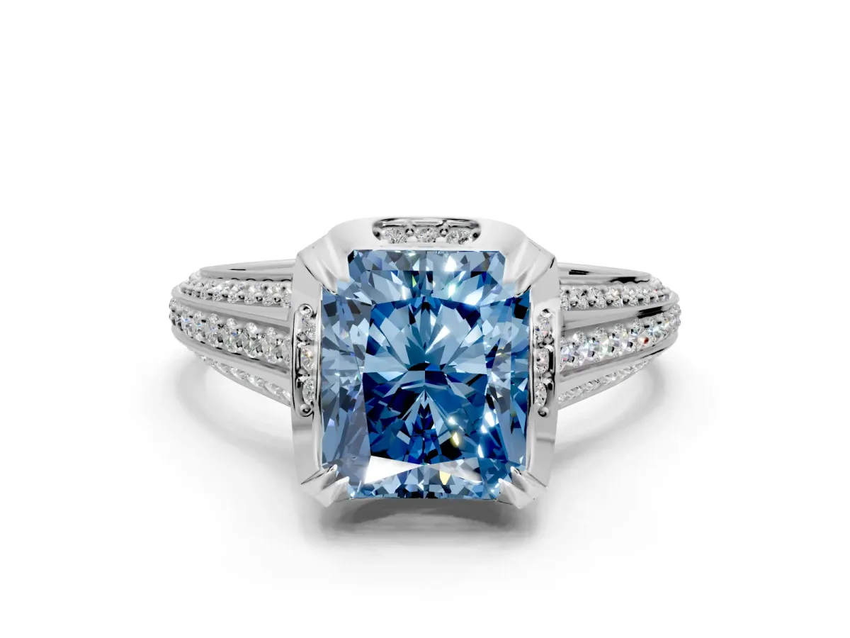 Solitaire Engagement Ring Setting for Fancy Blue Radiant Cut Center with Accented Split Shank and Prong Head in Platinum