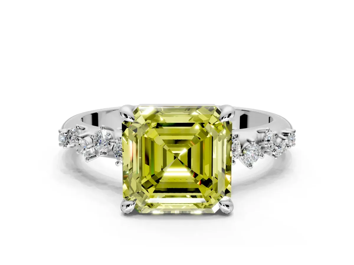 Solitaire Engagement Ring Setting for Fancy Yellow Asscher Cut Center with Trailing Leaf Accent Band and Prong Head in White Gold
