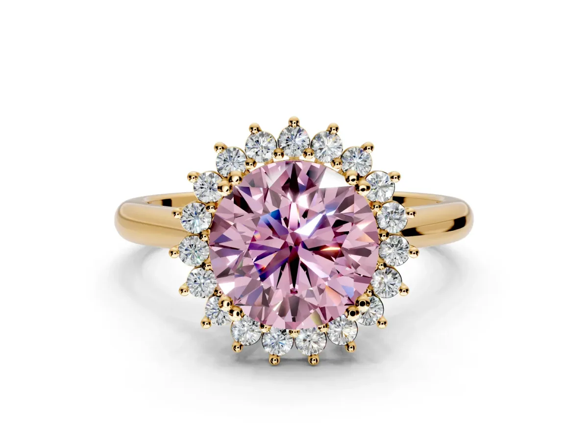 Starburst Halo Engagement Ring Setting for Fancy Pink Round Cut Center with Thin Round-Wire Band and Prong Head in Yellow Gold