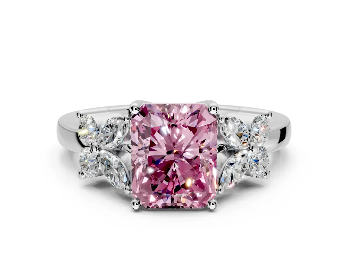 Floral Engagement Ring Setting for Fancy Pink Radiant Cut Center with Marquise Cluster Shoulders and Prong Head in White Gold