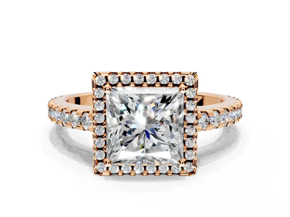 Accent Halo Engagement Ring Setting for Princess Cut Center with Full-Length Pave Band and Prong Head in Rose Gold