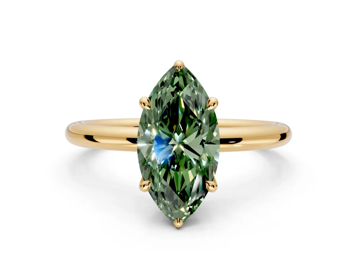 Hidden Halo Engagement Ring Setting for Fancy Green Marquise Center with Thin Rounded Band and Prong Head in Yellow Gold