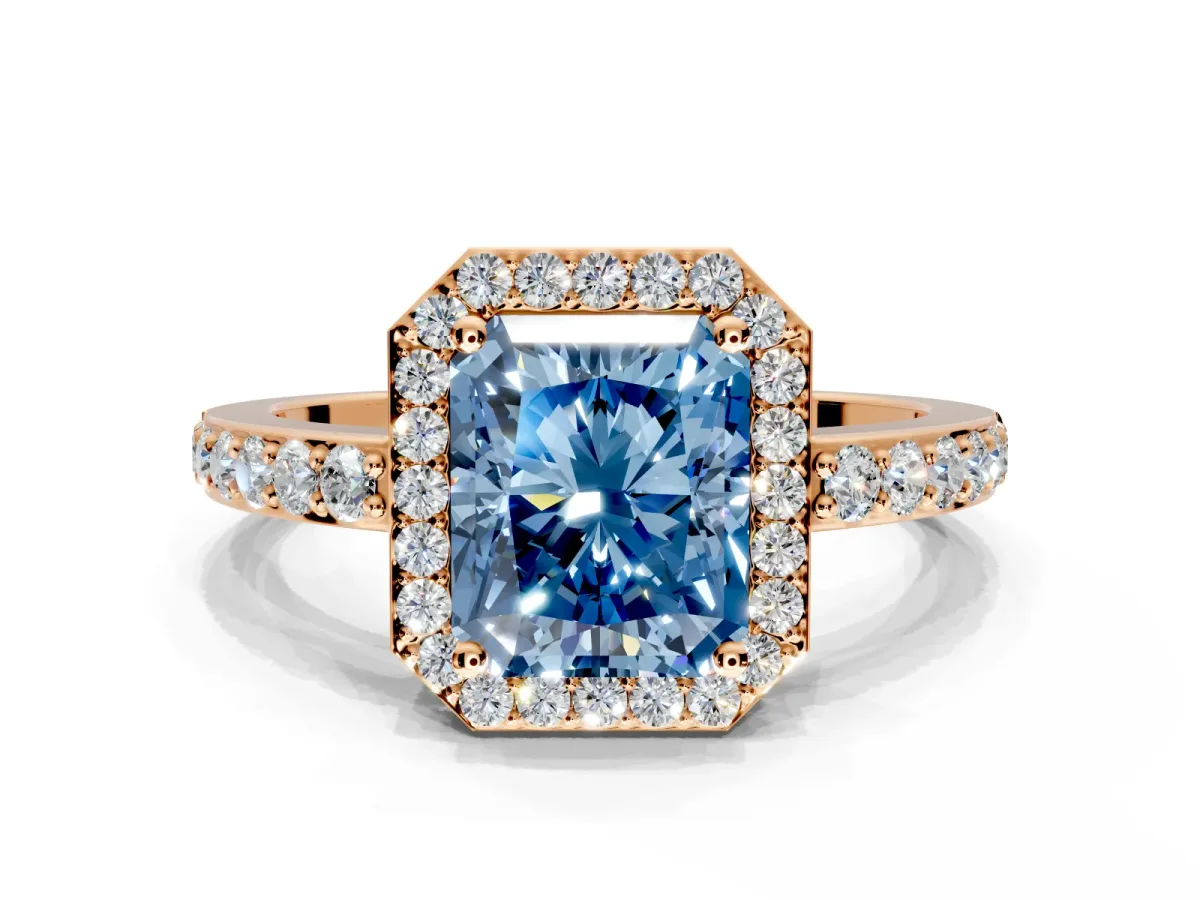 Halo Engagement Ring Setting for Fancy Blue Radiant Cut Center with Heart-Shaped Openwork, Pave Band and Prong Head in Rose Gold