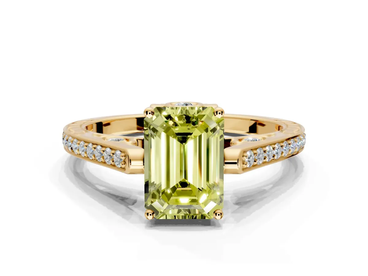 Cathedral Engagement Ring Setting for Fancy Yellow Emerald Cut Center with Antique-Style Pave Band and Prong Head in Yellow Gold