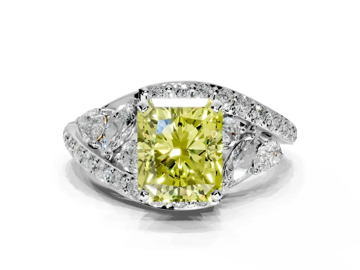 Halo Engagement Ring Setting for Fancy Yellow Radiant Cut Center with Marquise and Pave Bypass Band and Prong Head in Sterling Silver