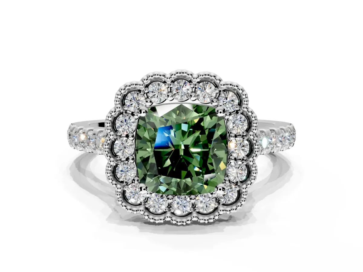 Milgrain Floral Halo Engagement Ring Setting for Fancy Green Cushion Cut Center with Pave Band and Prong Head in Sterling Silver
