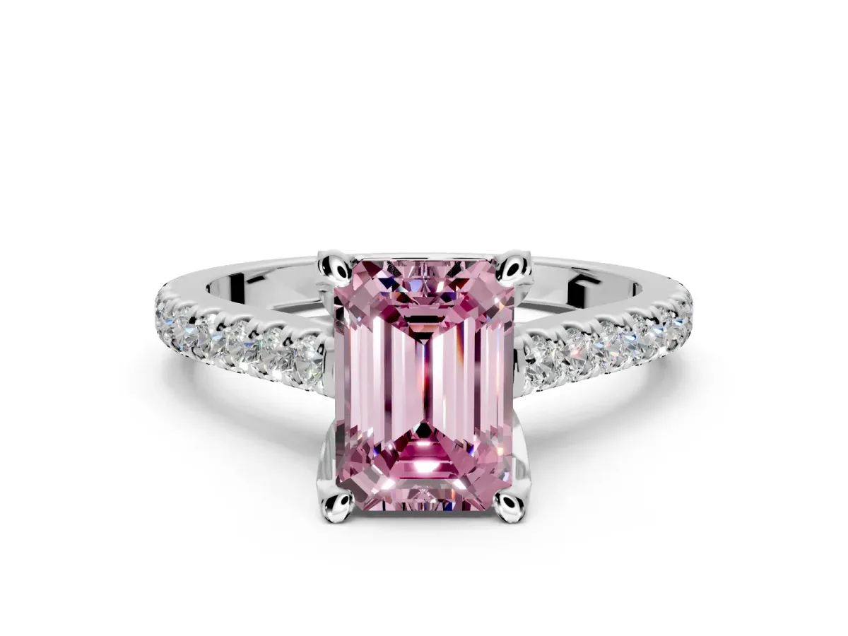 Solitaire Engagement Ring Setting for Fancy Pink Emerald Cut Center with Widening Pave Band and Claw Prong Head in Platinum
