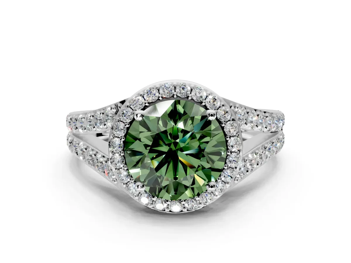 Halo Engagement Ring Setting for Fancy Green Round Cut Center with Narrow Pave Split Shank and Prong Head in Platinum