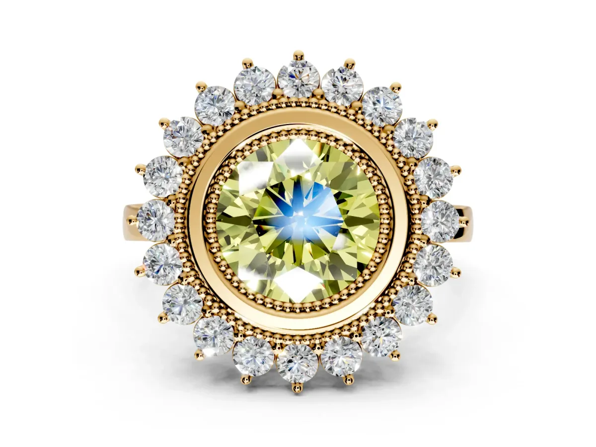 Halo Engagement Ring Setting for Fancy Yellow Round Cut Center with Milgrain Bezel Rim, Plain Band and Prong Head in Yellow Gold